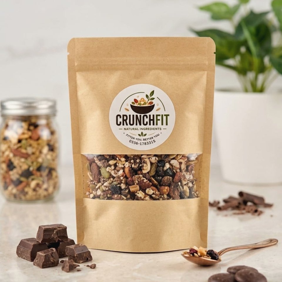 A pack of CrunchFit Chocolate Flavour Granola with chocolate pieces